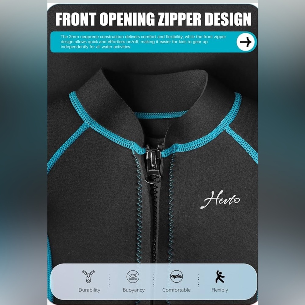 Hevto Kids Wetsuit Shorty for Boys 2mm Neoprene Thermal Front Zip Size 13 - Picture 4 of 8